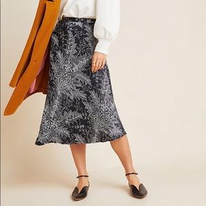 Anthropologie Black Satin Bias Cut Midi Skirt